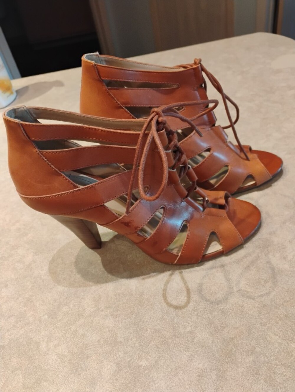 BCBGeneration Brown Lace-Up Cutout Heeled Sandals/Shoes